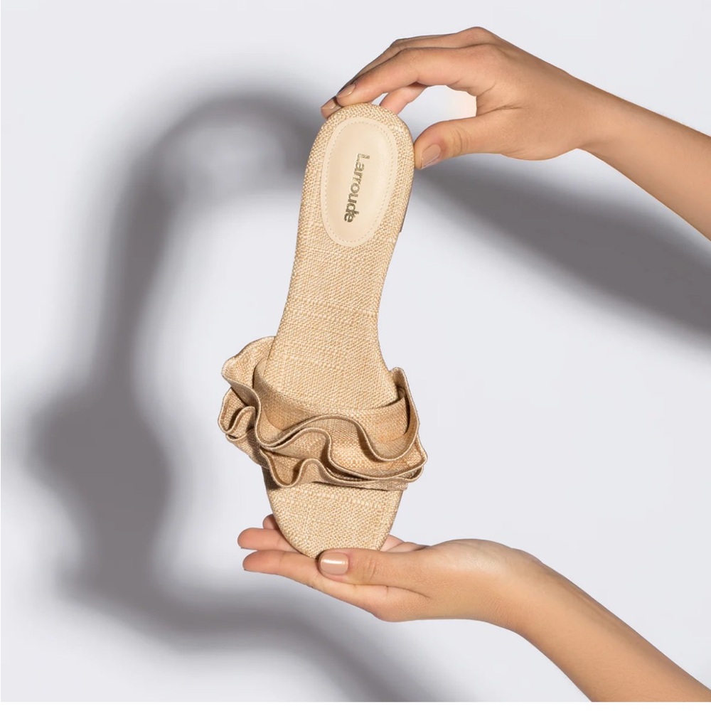 Larroude Ivy Ruffle Flat Mule in Beige Raffia